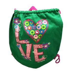 GIRL SCOUTS LOVE Drawstring Backpack Green Pink Colorful Flowers 15"